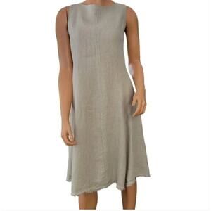 COSMO | Natural Linen Raw Hem High Neck Swing Dress Lagenlook | Size Extra Small